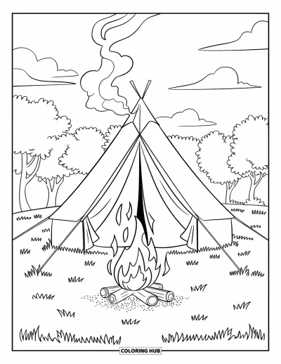 Camping Coloring Page for Kids: A cozy tent with a campfire, smoke curling into the sky, and mountains behind