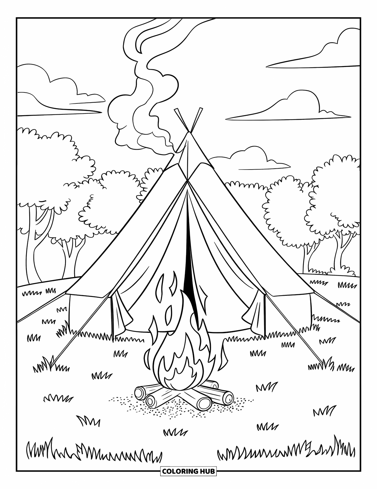 Camping Coloring Page for Kids: A cozy tent with a campfire, smoke curling into the sky, and mountains behind