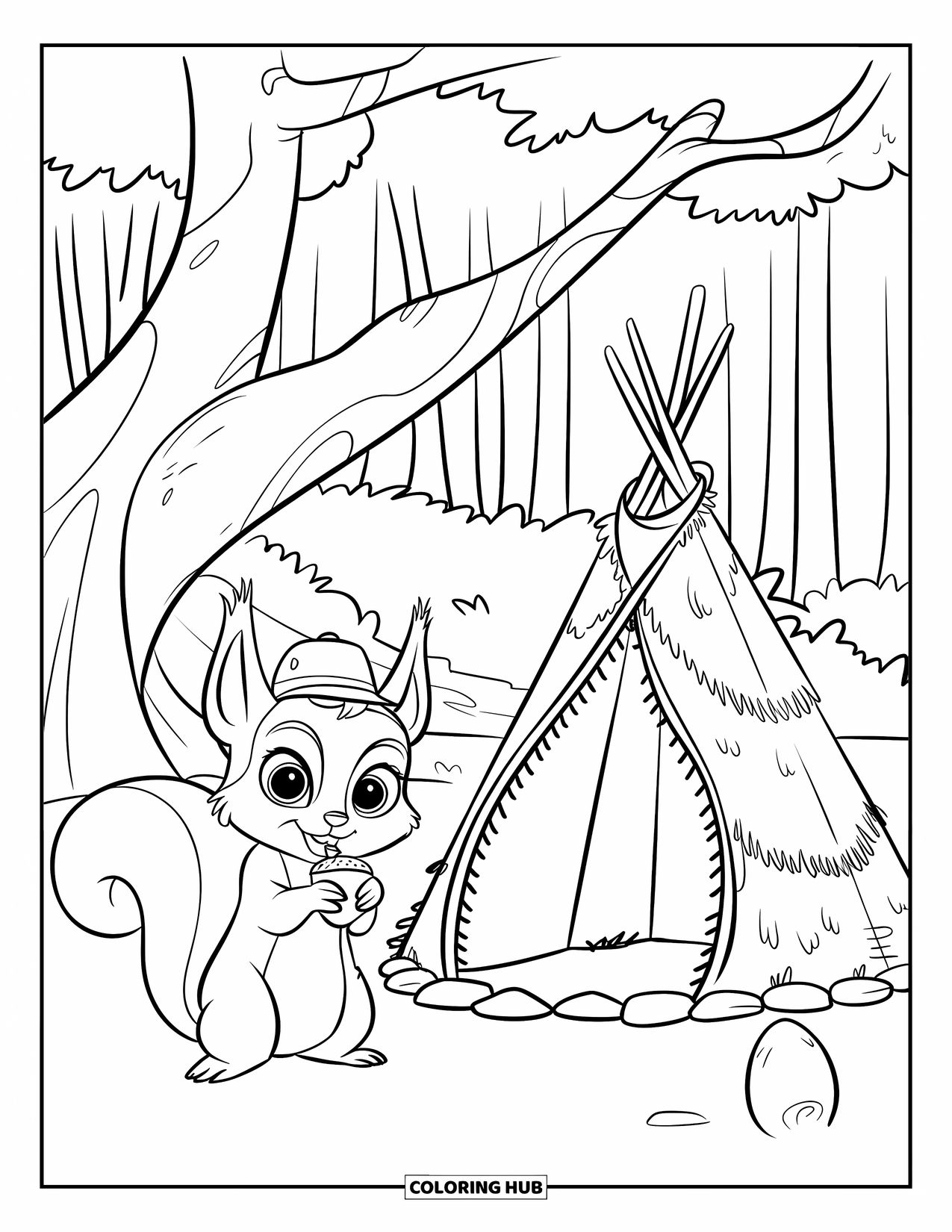 Camping Coloring Page for Kids: A curious squirrel in a hat sits near a teepee, surrounded by tall trees
