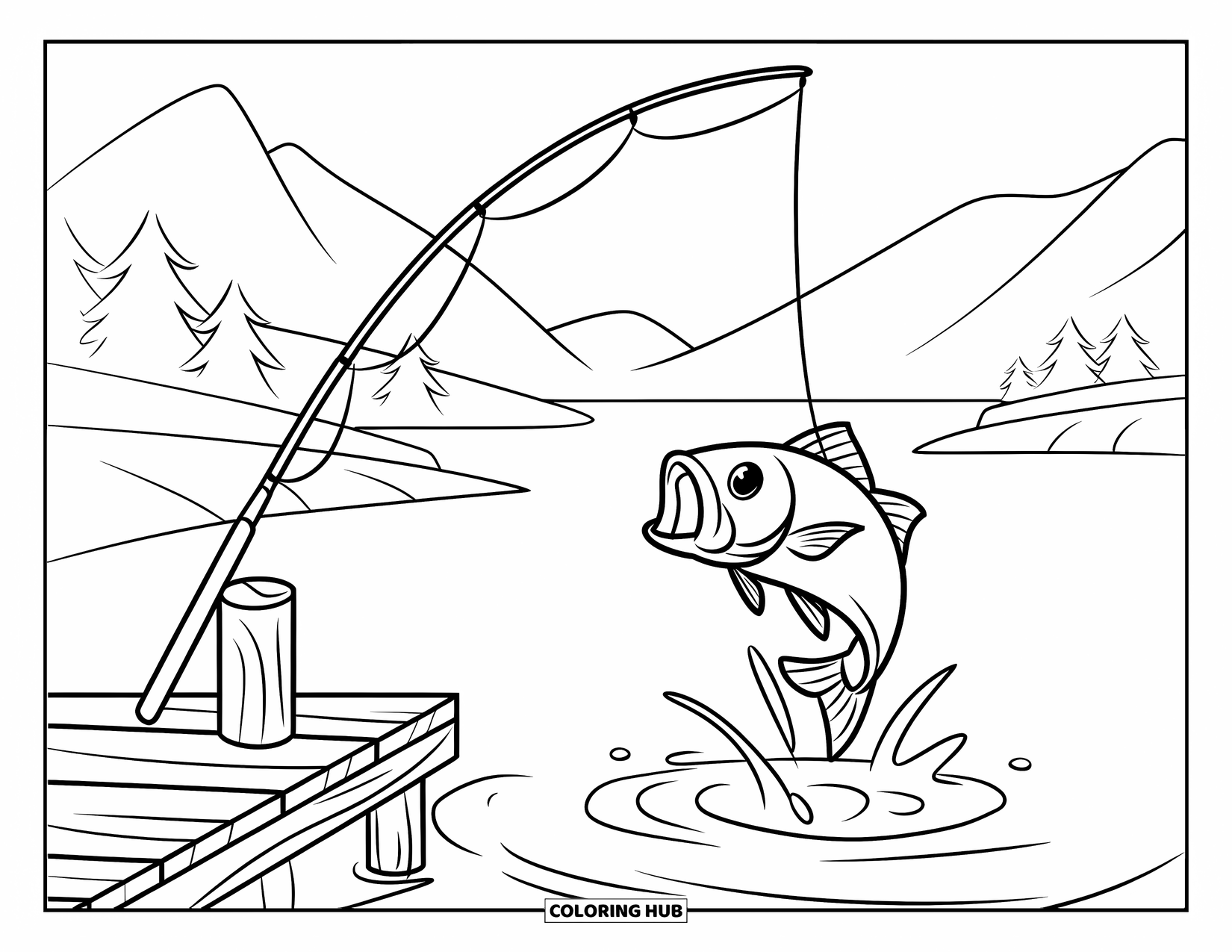 Camping Coloring Page for Kids: A fishing rod propped on a dock with a fish jumping near the water's edge