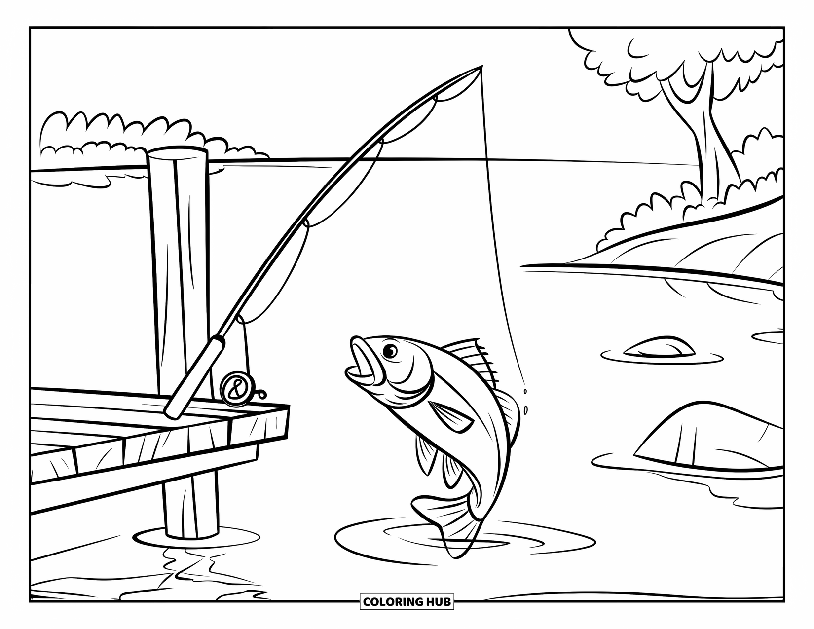 Camping Coloring Page for Kids: A fishing rod with a bobber sits on a dock while a fish splashes nearby
