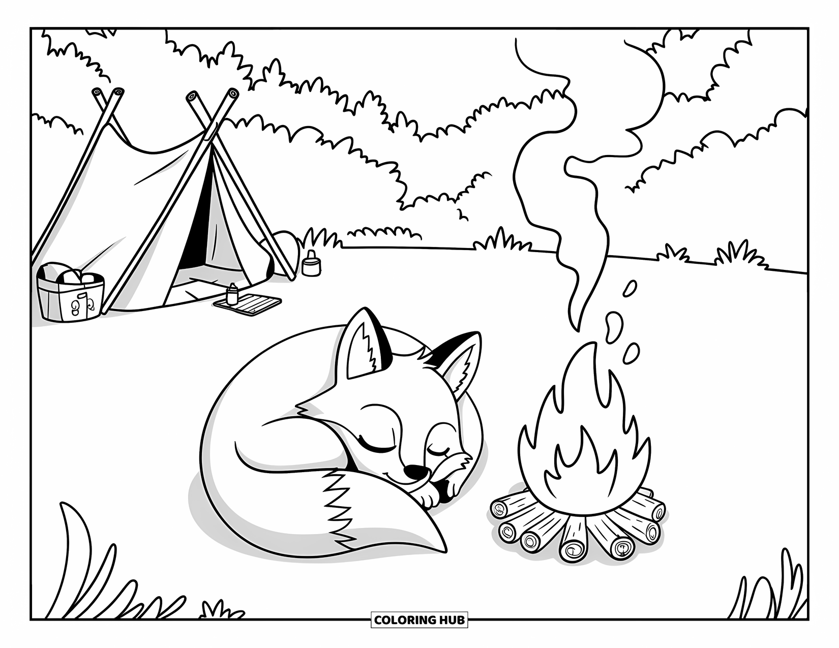 Camping Coloring Page for Kids: A fox curled up by a warm fire at a cozy campsite surrounded by trees
