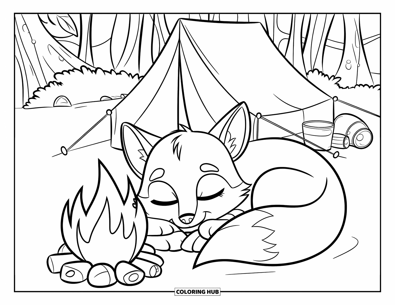Camping Coloring Page for Kids: A fox curled up near a campfire, peacefully sleeping by a quiet campsite