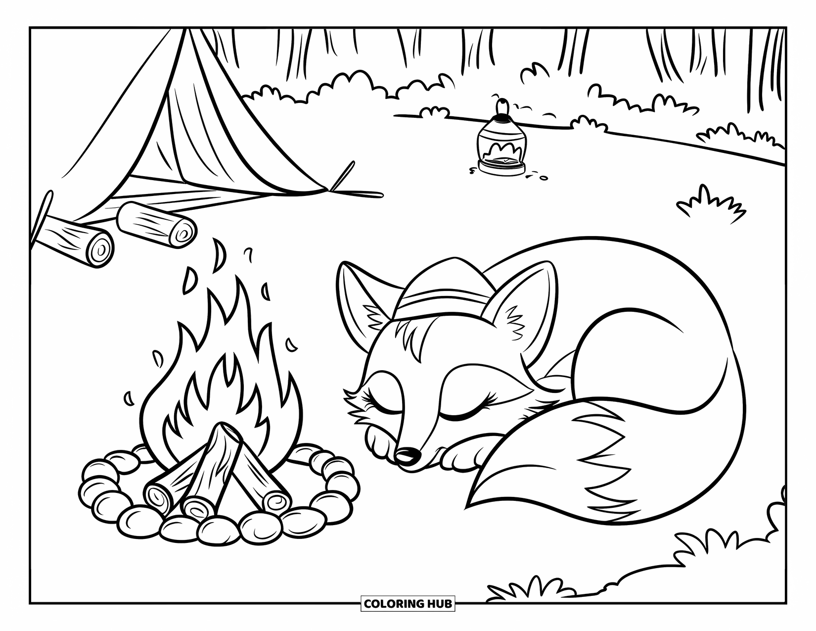 Camping Coloring Page for Kids: A fox wearing a tiny hat, napping near a crackling campfire with burning embers
