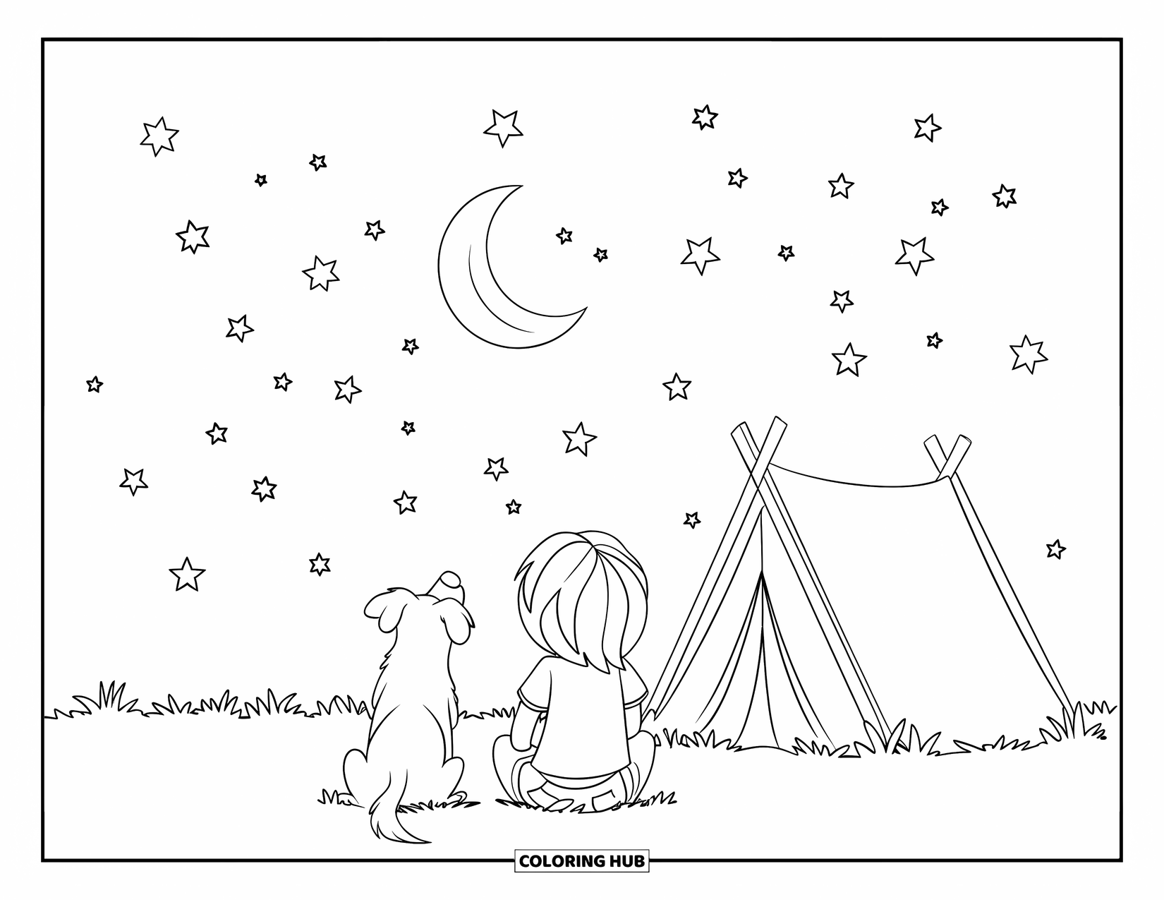 Camping Coloring Page for Kids: A girl and her dog sit by a tent, gazing at a starry sky and crescent moon
