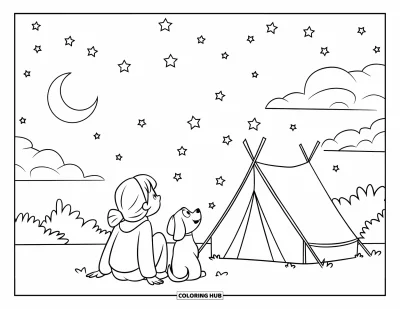 Camping Coloring Page for Kids: A girl camper and her dog sitting by a tent, gazing up at a starry sky