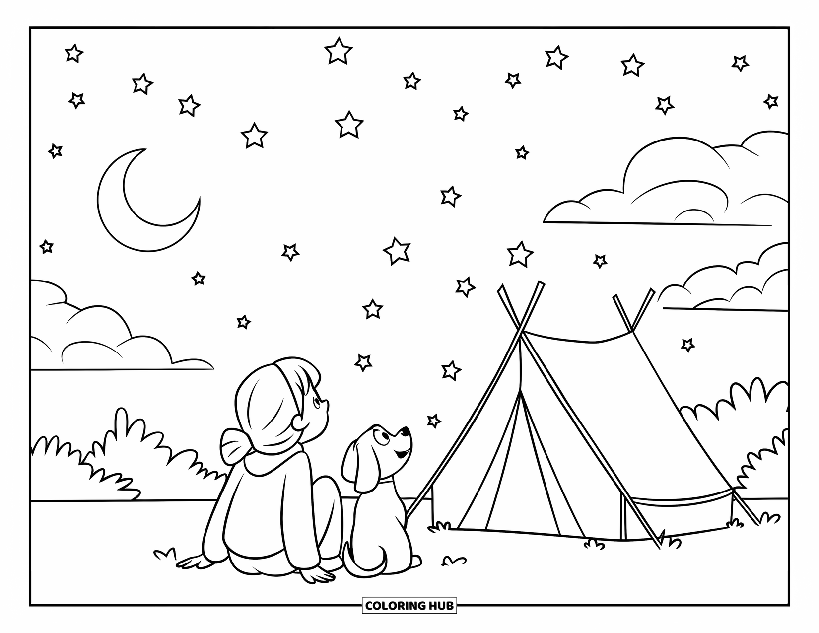 Camping Coloring Page for Kids: A girl camper and her dog sitting by a tent, gazing up at a starry sky