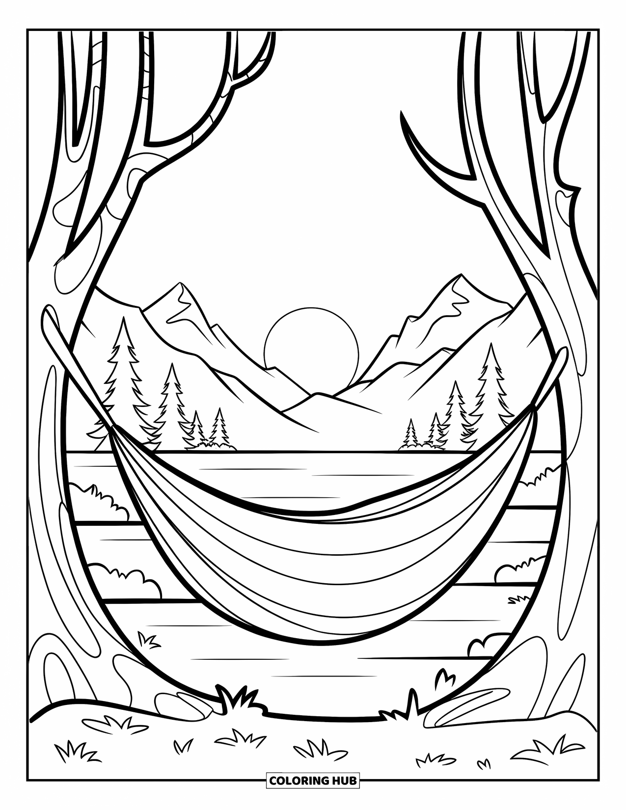 Camping Coloring Page for Kids: A hammock hanging near a lake with mountains and a setting sun beyond