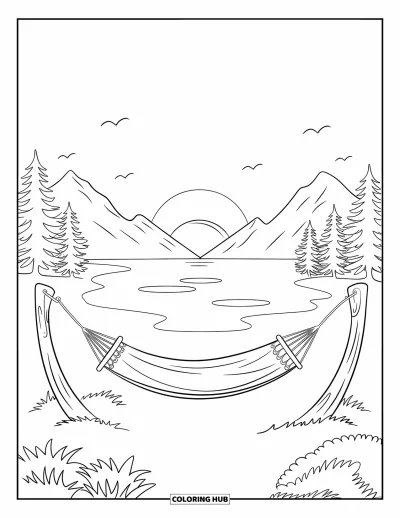 Camping Coloring Page for Kids: A hammock swaying between trees as the sun sets over distant mountains