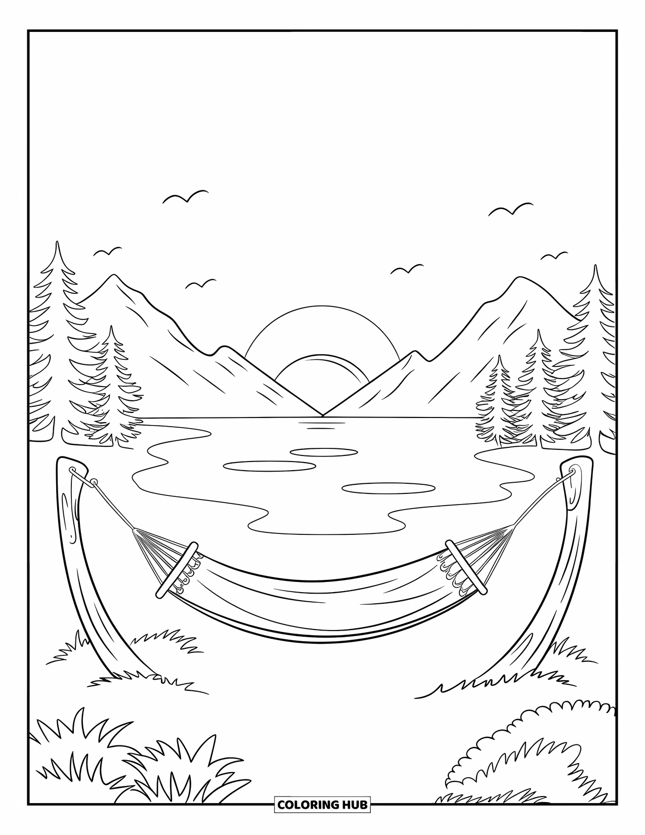 Camping Coloring Page for Kids: A hammock swaying between trees as the sun sets over distant mountains