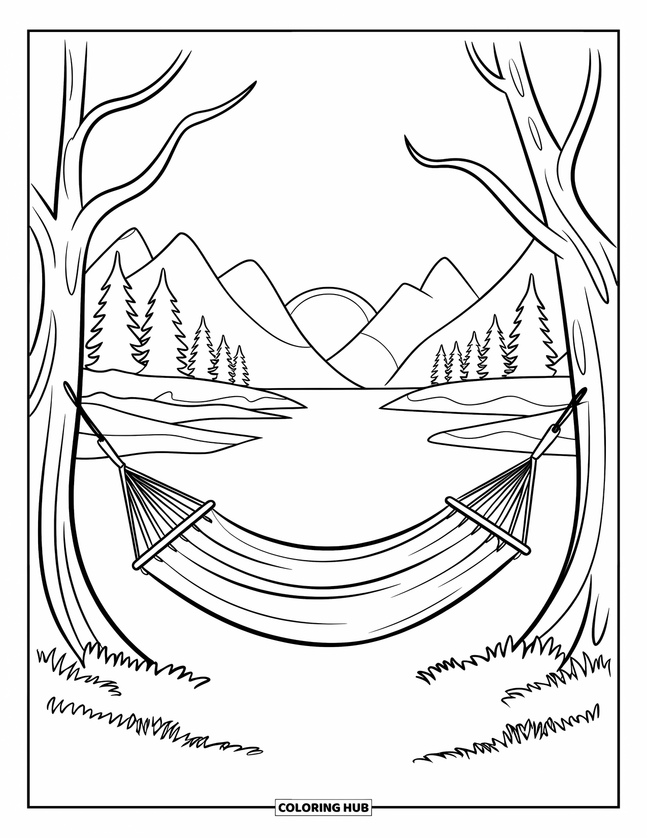 Camping Coloring Page for Kids: A hammock tied between two trees, overlooking a lake and pine forest