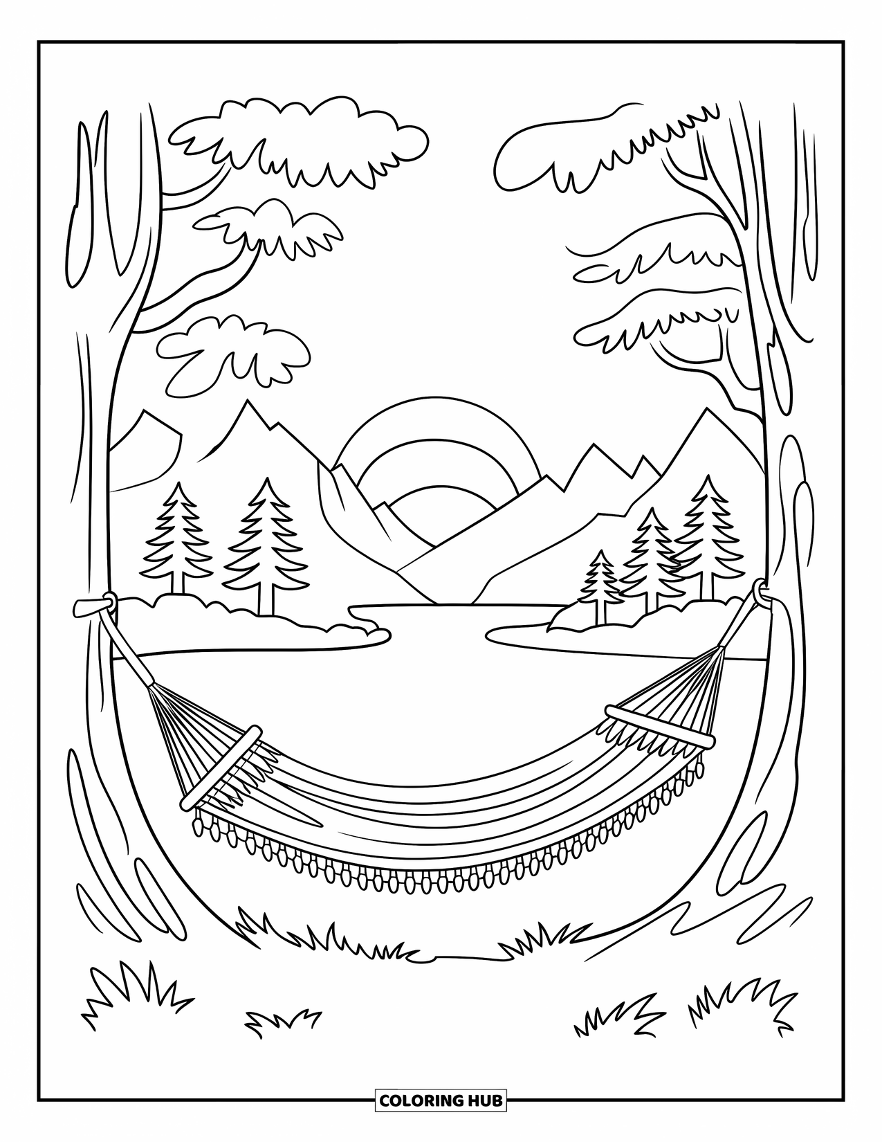 Camping Coloring Page for Kids: A lakeside hammock framed by pine trees, with birds soaring above