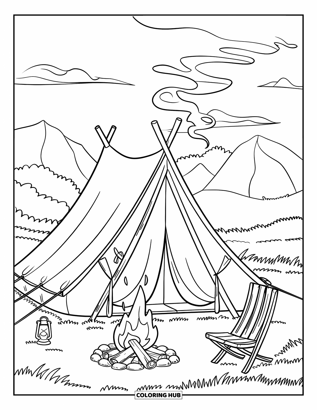 Camping Coloring Page for Kids: A large tent stands in a grassy field, with a campfire glowing in front