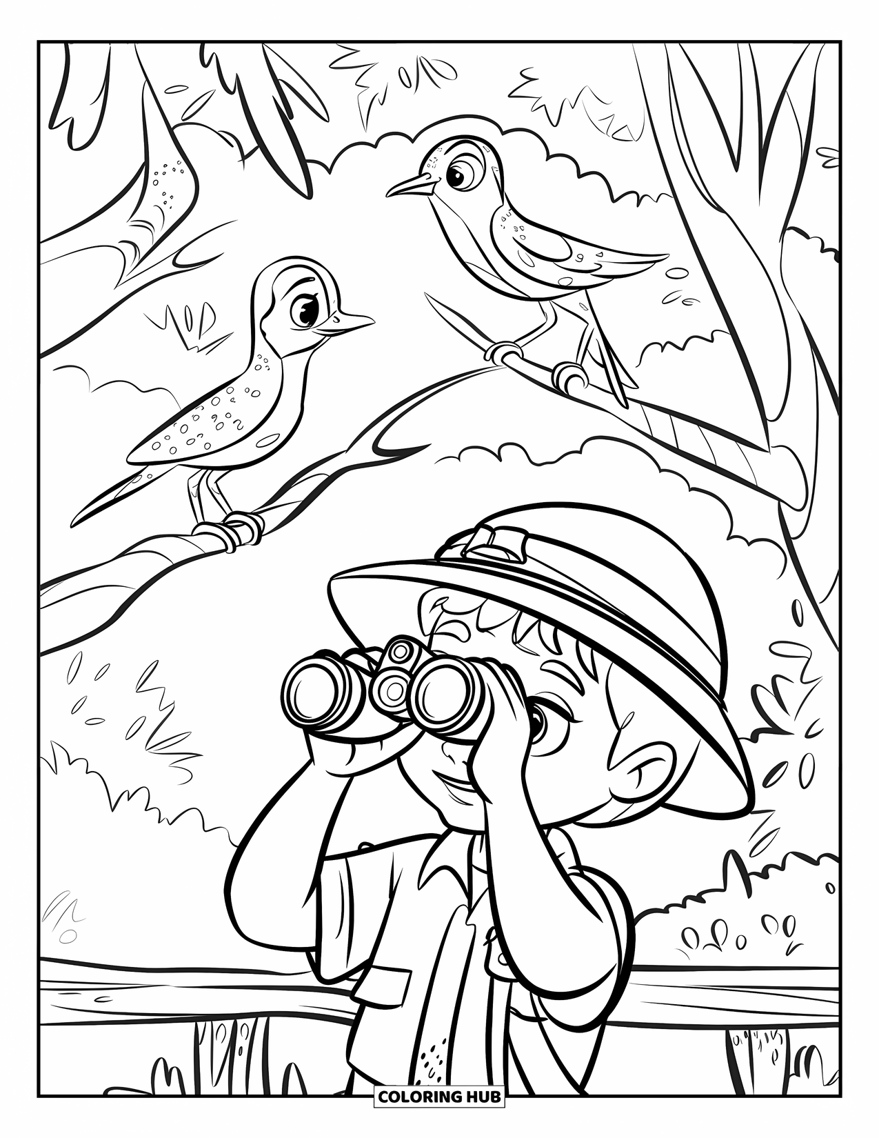 Camping Coloring Page for Kids: A little explorer in a hat watching birds through binoculars from a wooden platform