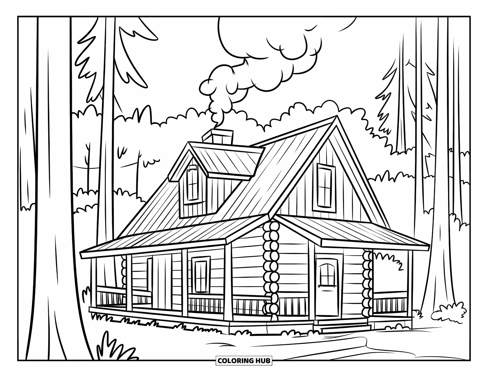 Camping Coloring Page for Kids: A log cabin with a porch, standing among trees with smoke curling from the chimney