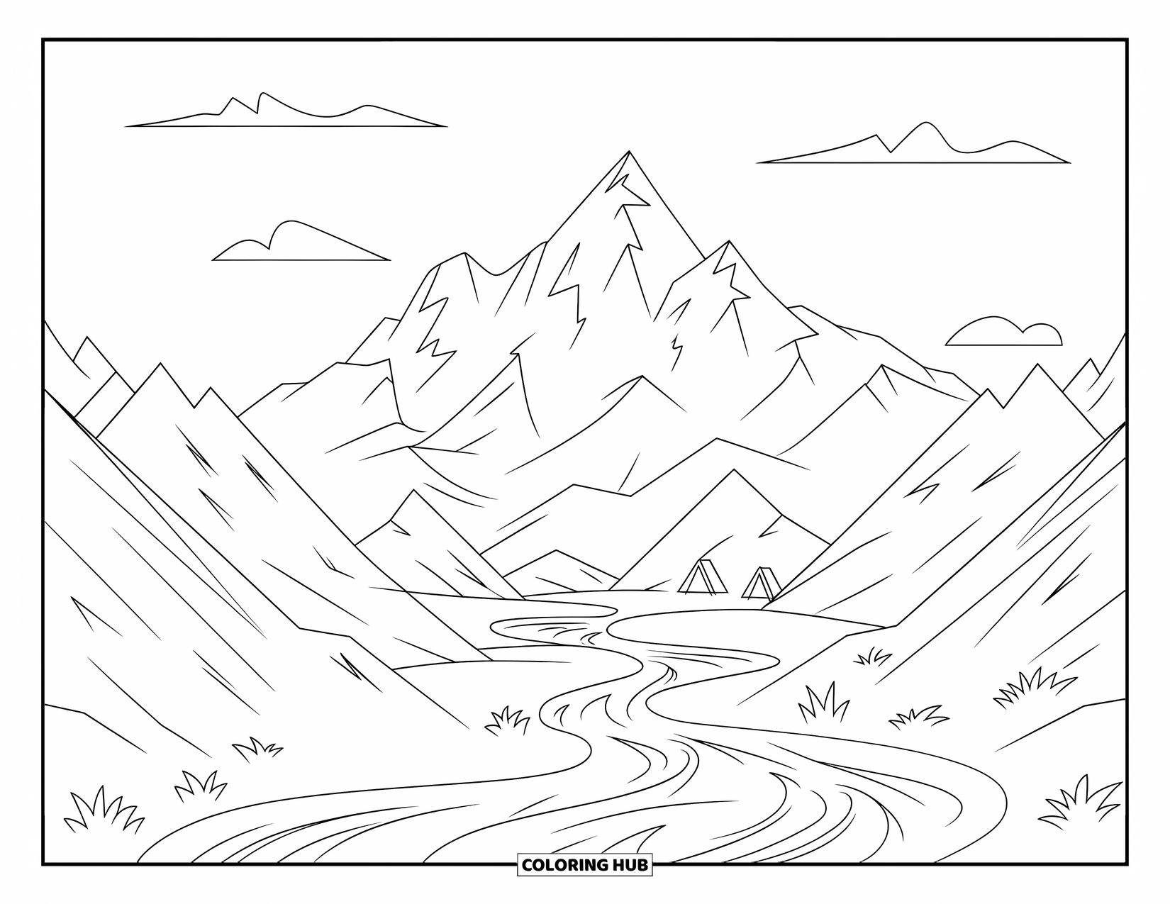 Camping Coloring Page for Kids: A mountain range with a winding river and two small tents in the distance