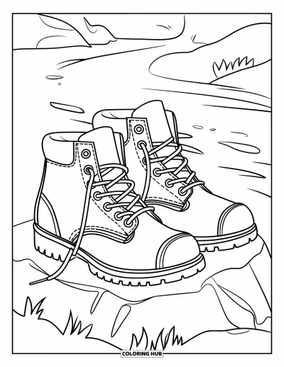 Camping Coloring Page for Kids: A pair of hiking boots with untied laces resting on a rock beside a trail