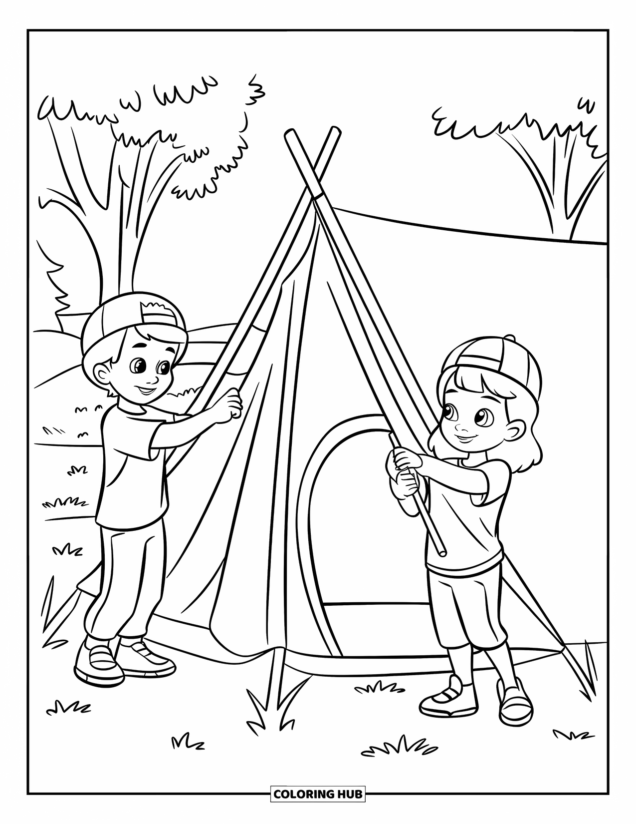 Camping Coloring Page for Kids: A pair of kids securing a tent at a campsite, surrounded by trees