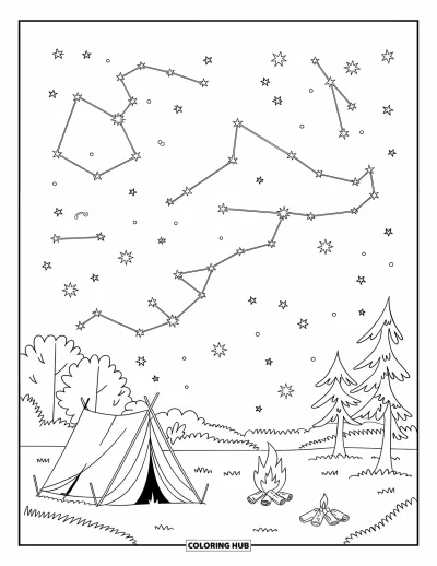 Camping Coloring Page for Kids: A peaceful campsite under a twinkling sky filled with constellations