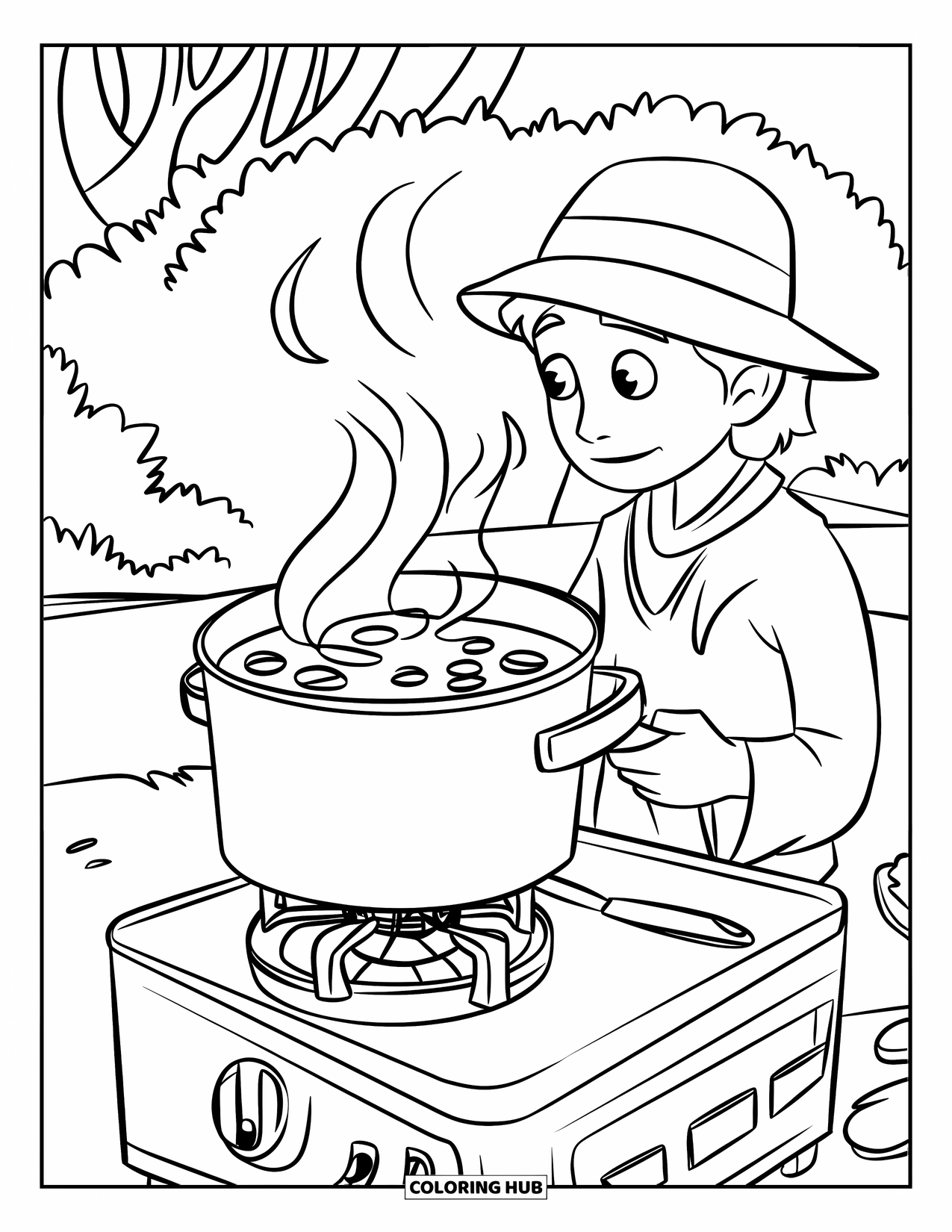 Camping Coloring Page for Kids: A person in an apron stirring a steaming pot over a stove in the forest