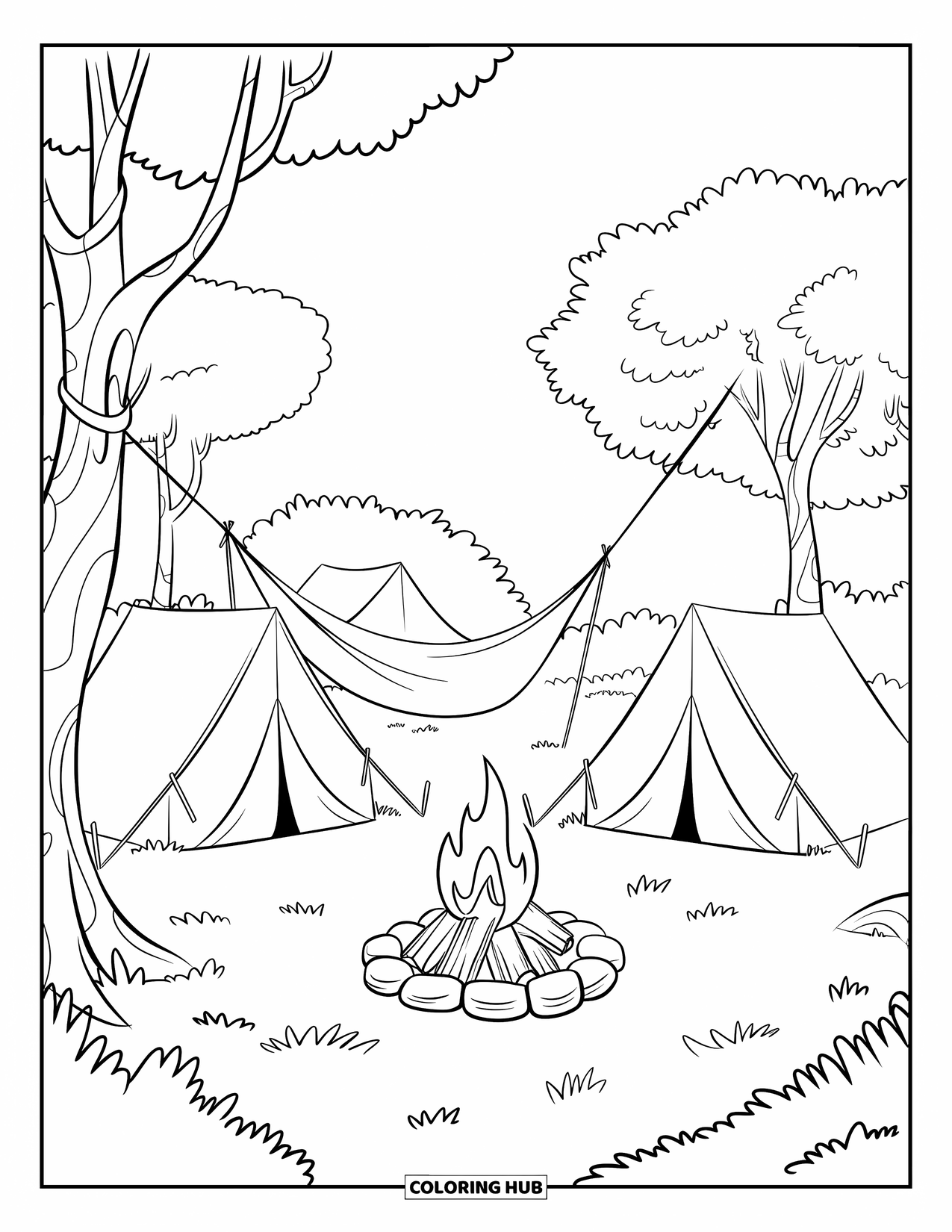 Camping Coloring Page for Kids: A quiet campsite with two tents, a hammock, and logs surrounding a fire