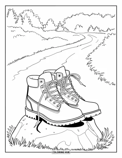 Camping Coloring Page for Kids: A rugged pair of boots resting on a rock, with a winding trail nearby