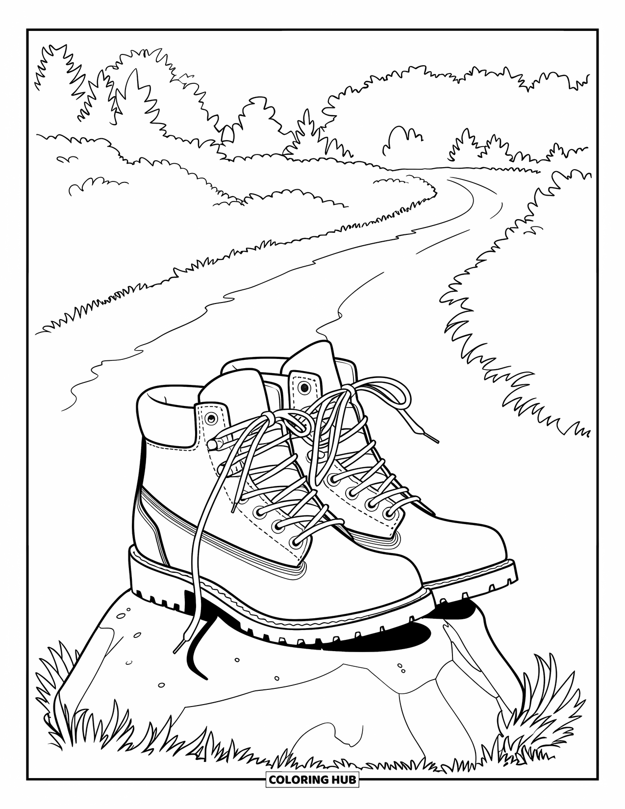 Camping Coloring Page for Kids: A rugged pair of boots resting on a rock, with a winding trail nearby