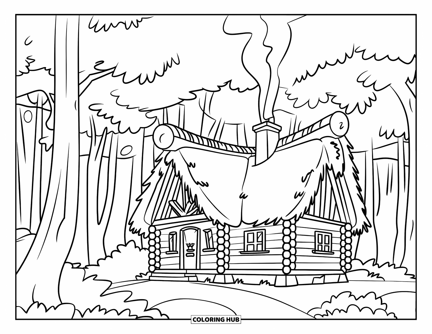 Camping Coloring Page for Kids: A rustic cabin with a thatched roof, nestled in a dense forest