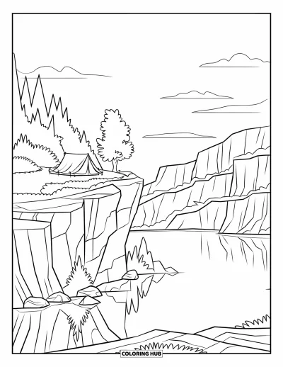 Camping Coloring Page for Kids: A scenic campsite on a cliff with a tent, boulders, and a tree nearby