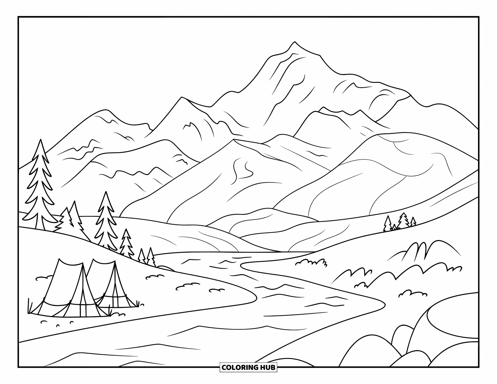 Camping Coloring Page for Kids: A scenic landscape of mountains, a flowing river, and a small tented campsite