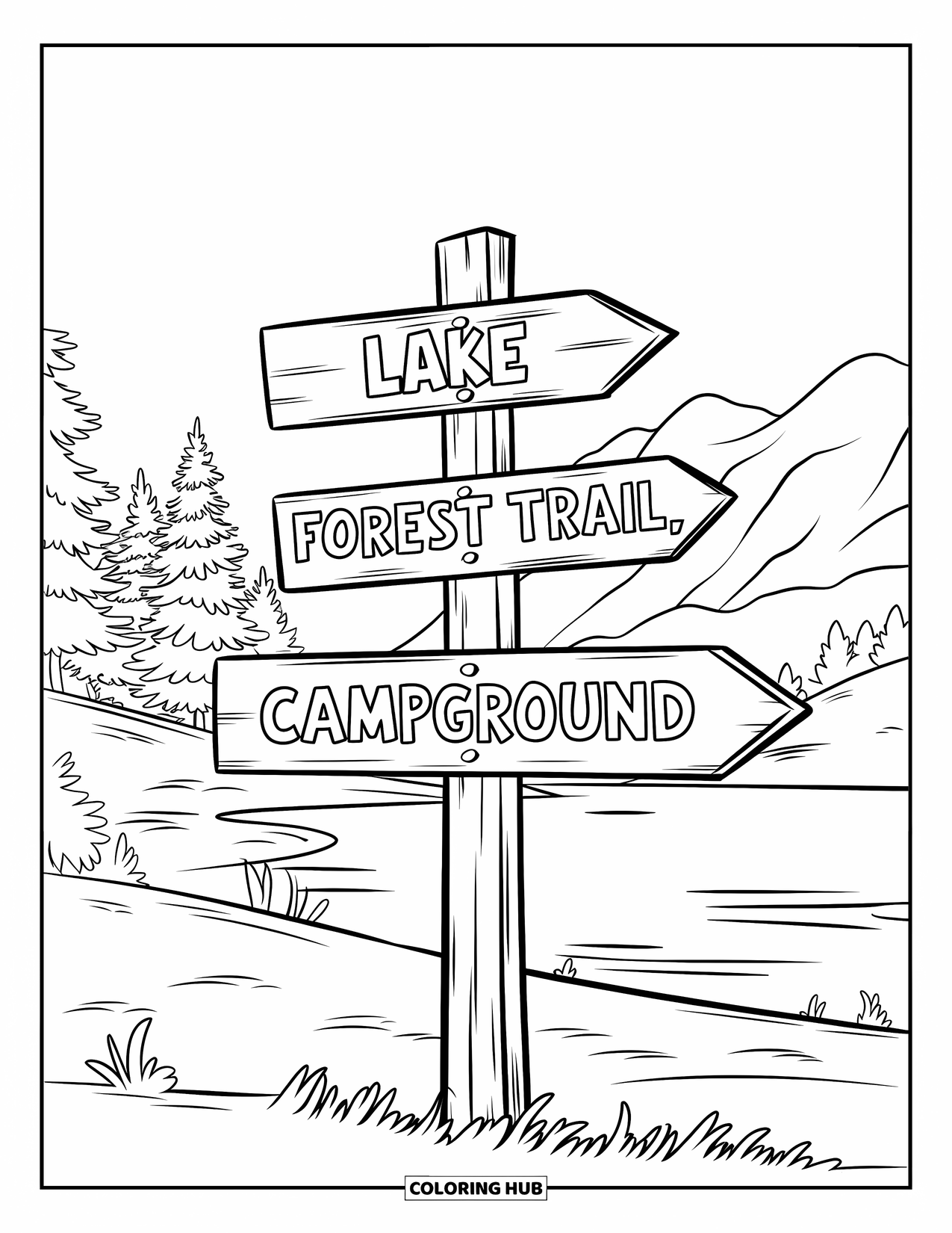 Camping Coloring Page for Kids: A signpost with three arrows directing campers to nearby nature spots