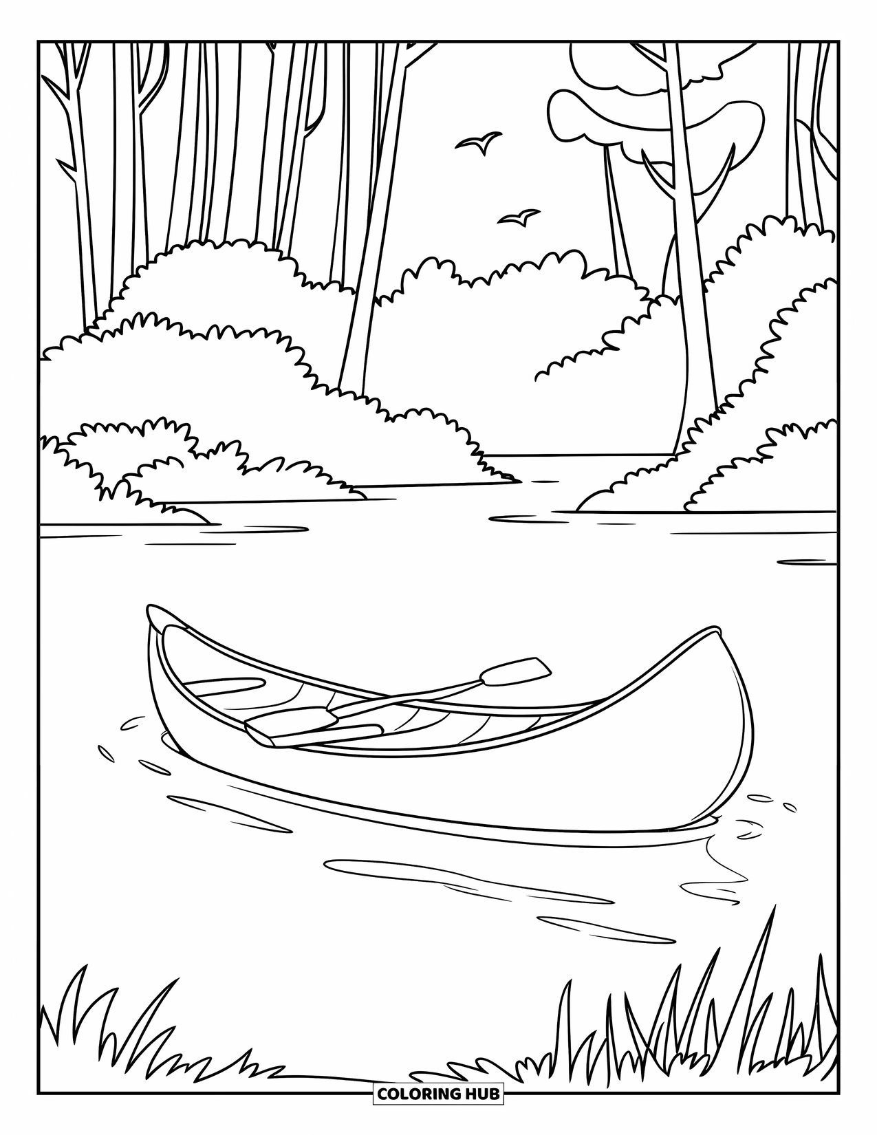 Camping Coloring Page for Kids: A simple canoe drifts on a lake, framed by tall trees and birds above