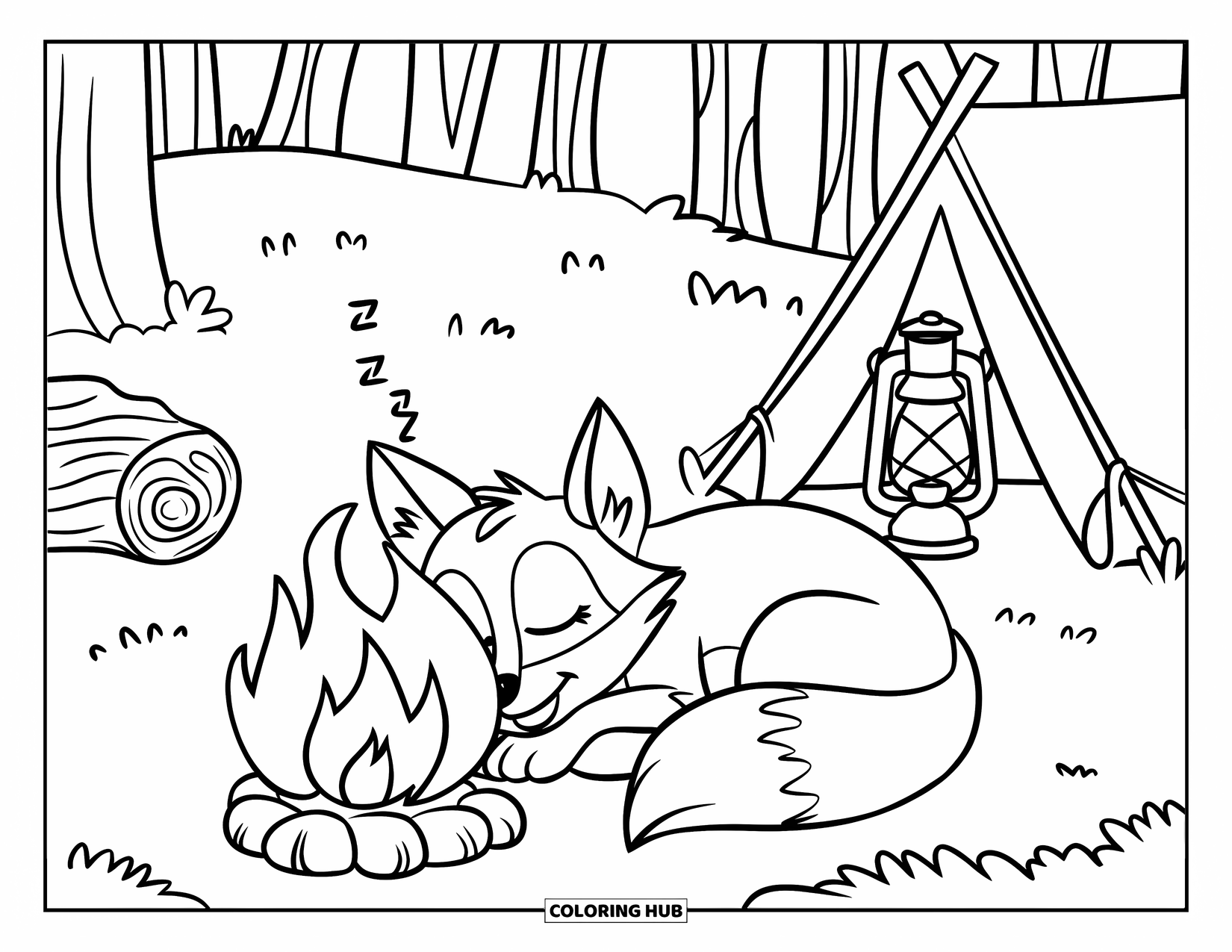 Camping Coloring Page for Kids: A sleepy fox resting near a campfire, with a tent and lantern in the background