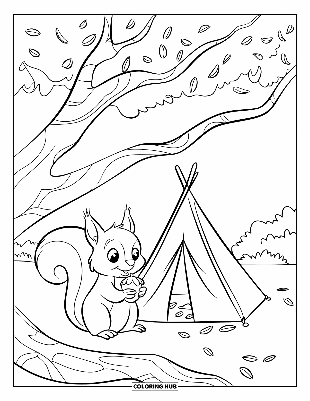 Camping Coloring Page for Kids: A small squirrel with a hat holds an acorn beside a teepee in a grassy field