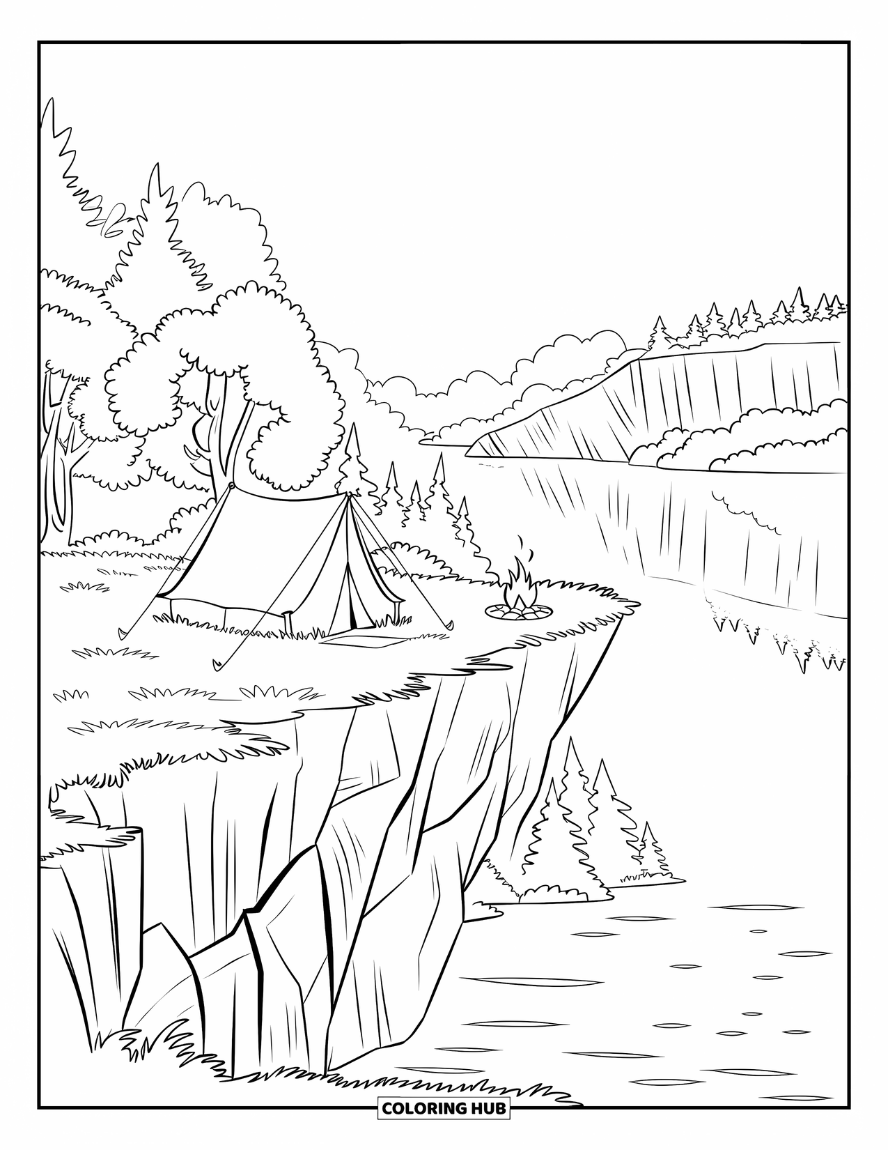 Camping Coloring Page for Kids: A small tent perched on a rocky cliffside, overlooking a calm lake