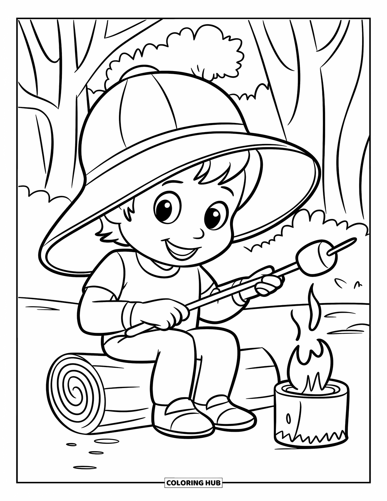 Camping Coloring Page for Kids: A smiling child roasts a marshmallow, with a tent and trees in the background