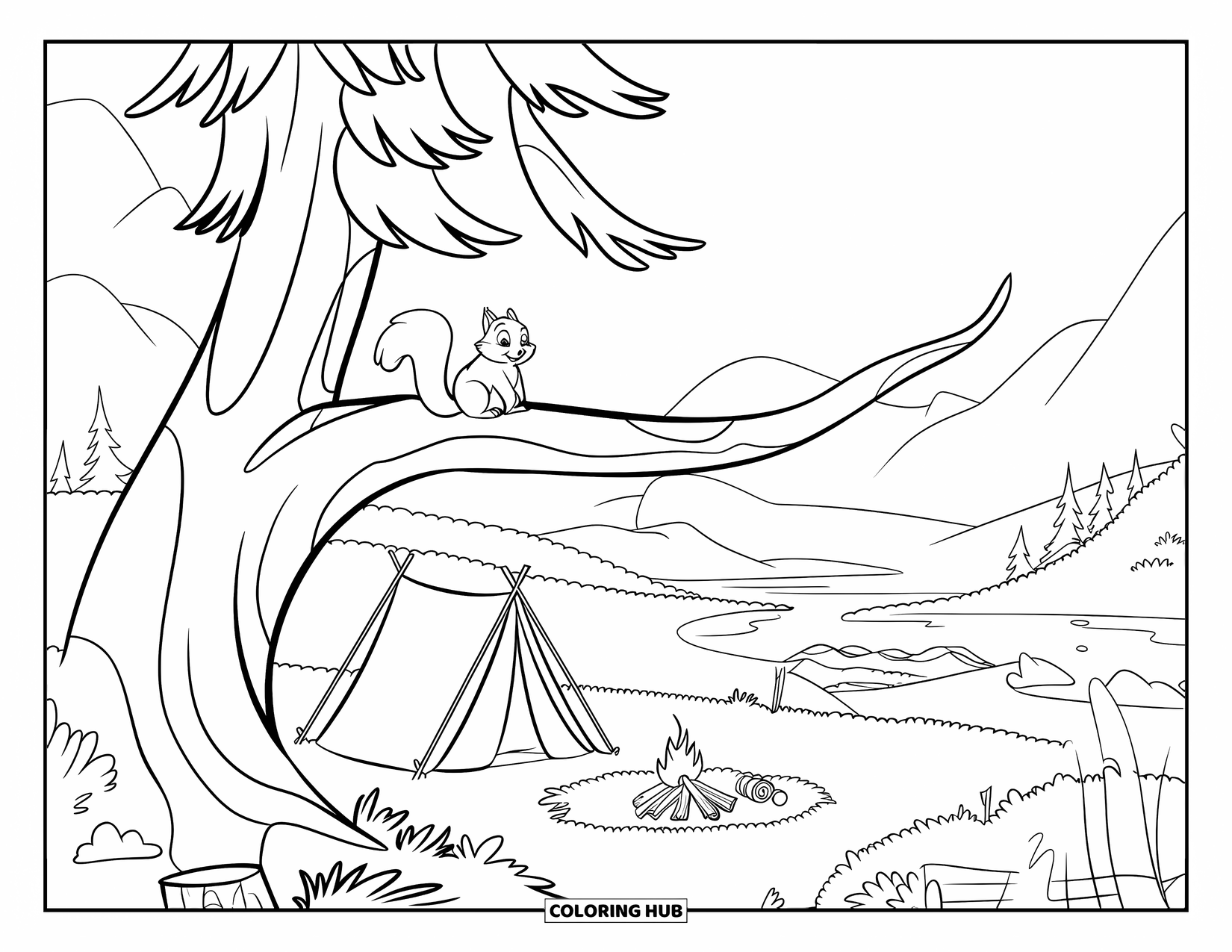 Camping Coloring Page for Kids: A squirrel on a pine tree branch looking down at a campsite near mountains