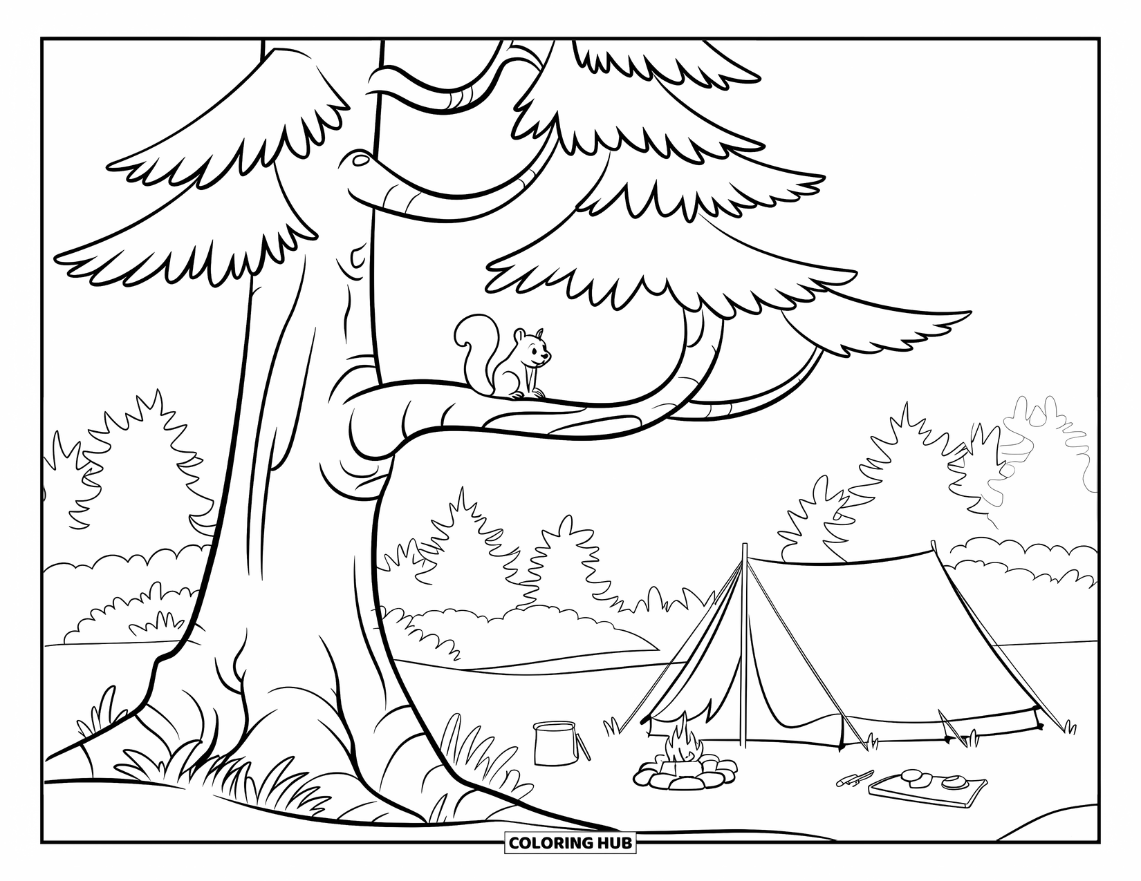 Camping Coloring Page for Kids: A squirrel perched in a tree, overlooking a tent, fire pit, and camping gear