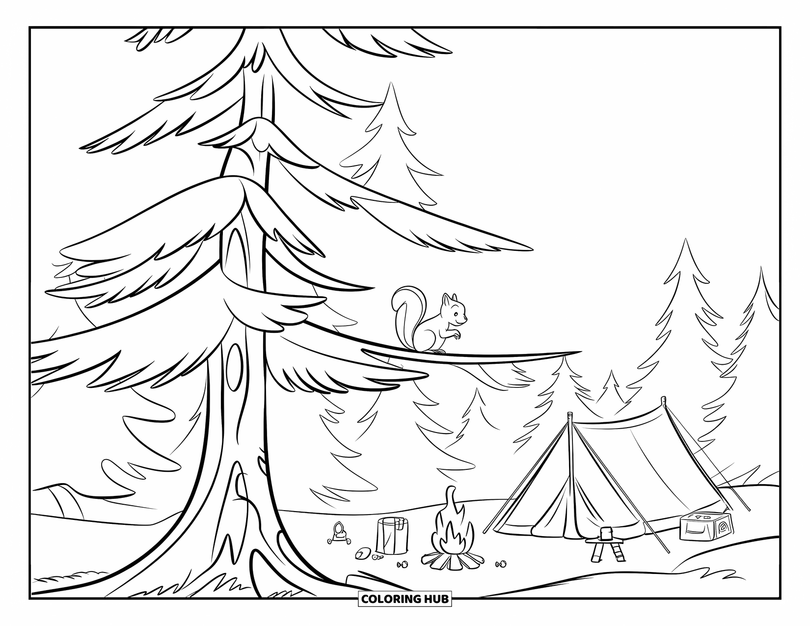 Camping Coloring Page for Kids: A squirrel sits on a tree branch, watching a campsite below with a tent and fire