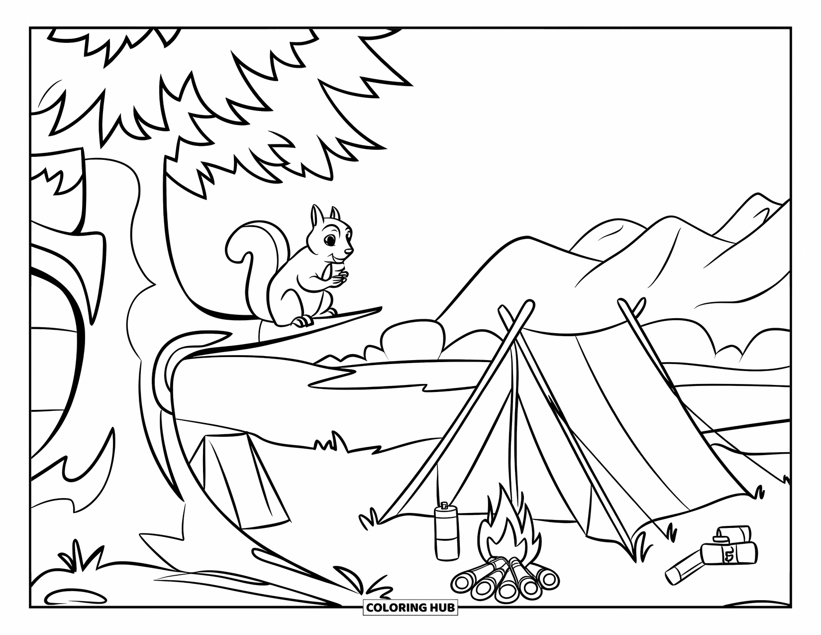 Camping Coloring Page for Kids: A squirrel watching a campsite from a high tree, with mountains and a river beyond