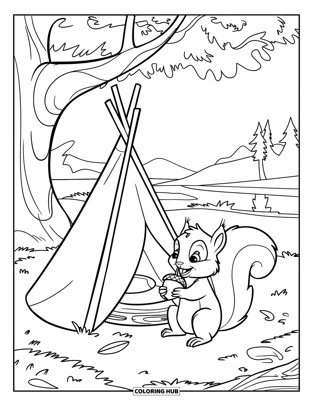 Camping Coloring Page for Kids: A squirrel with an acorn sits near a tiny teepee under a large tree