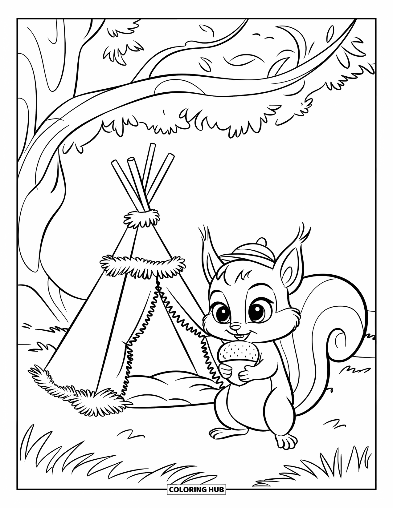 Camping Coloring Page for Kids: A squirrel with big eyes clutches an acorn near a decorated teepee tent