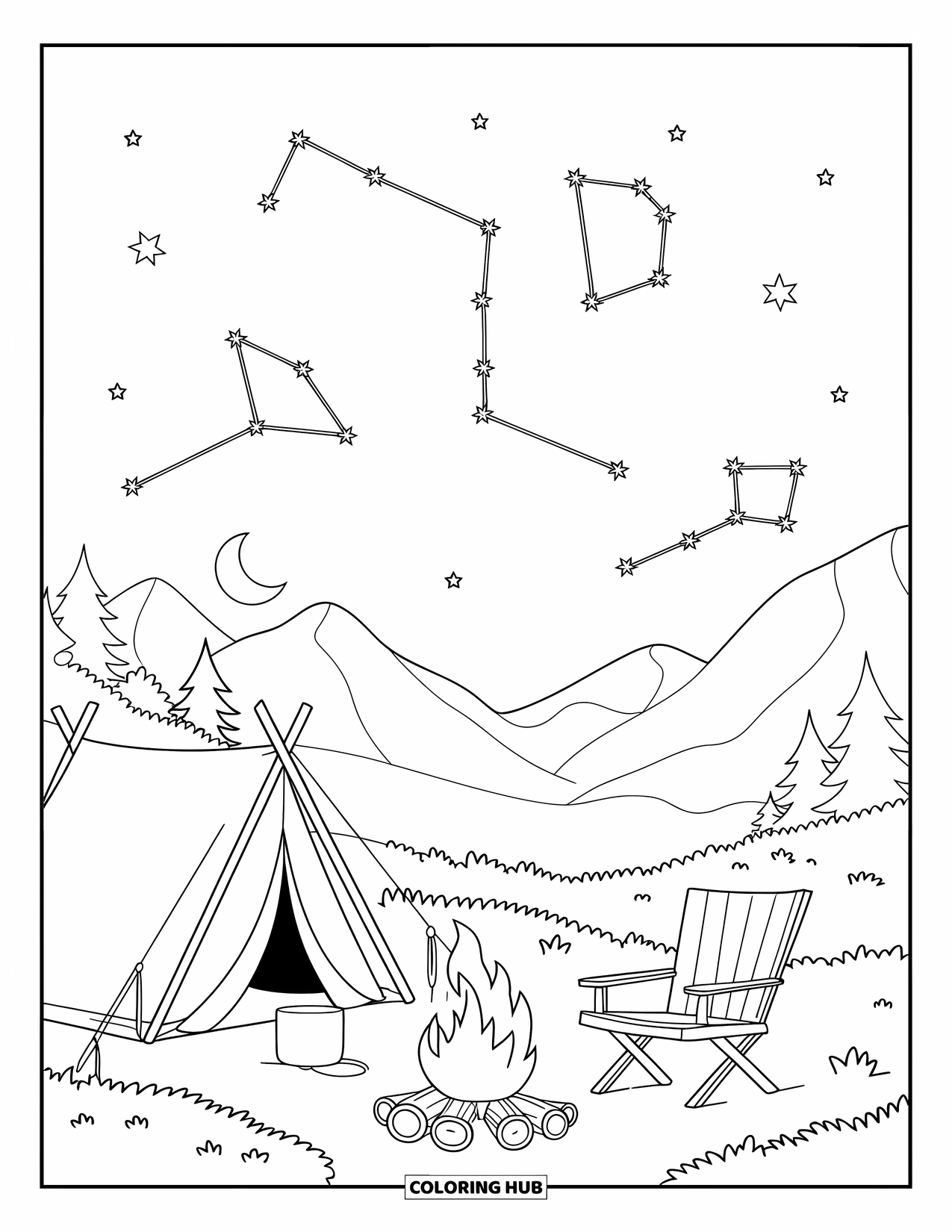 Camping Coloring Page for Kids: A starry night sky with constellations above a quiet campsite with a tent