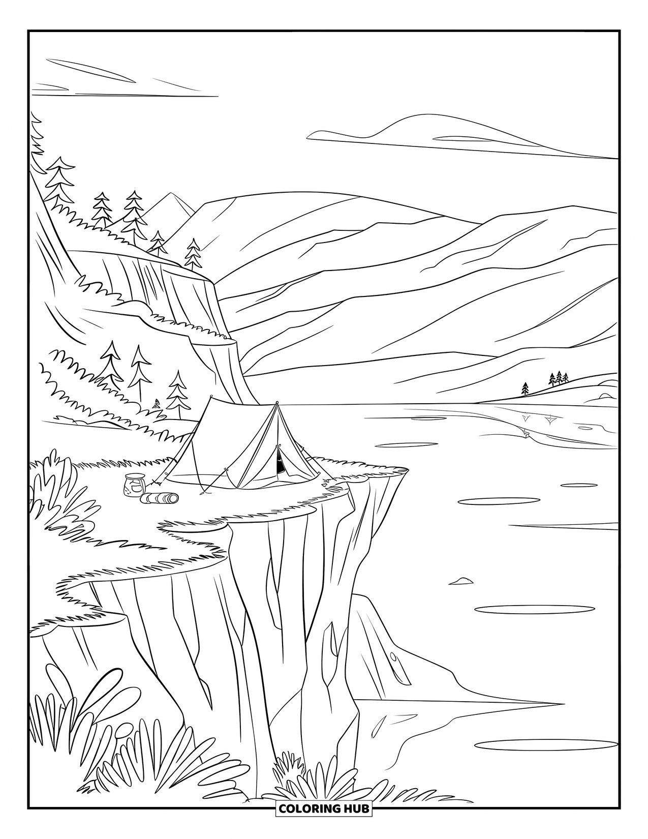 Camping Coloring Page for Kids: A tent pitched on a rocky cliffside, overlooking a calm lake and mountains