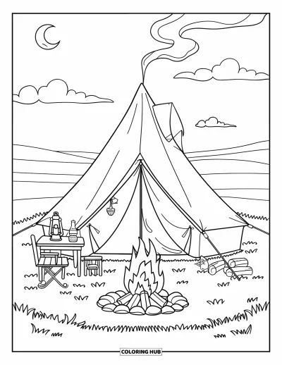 Camping Coloring Page for Kids: A tent with a campfire and a wooden chair, set in a peaceful clearing