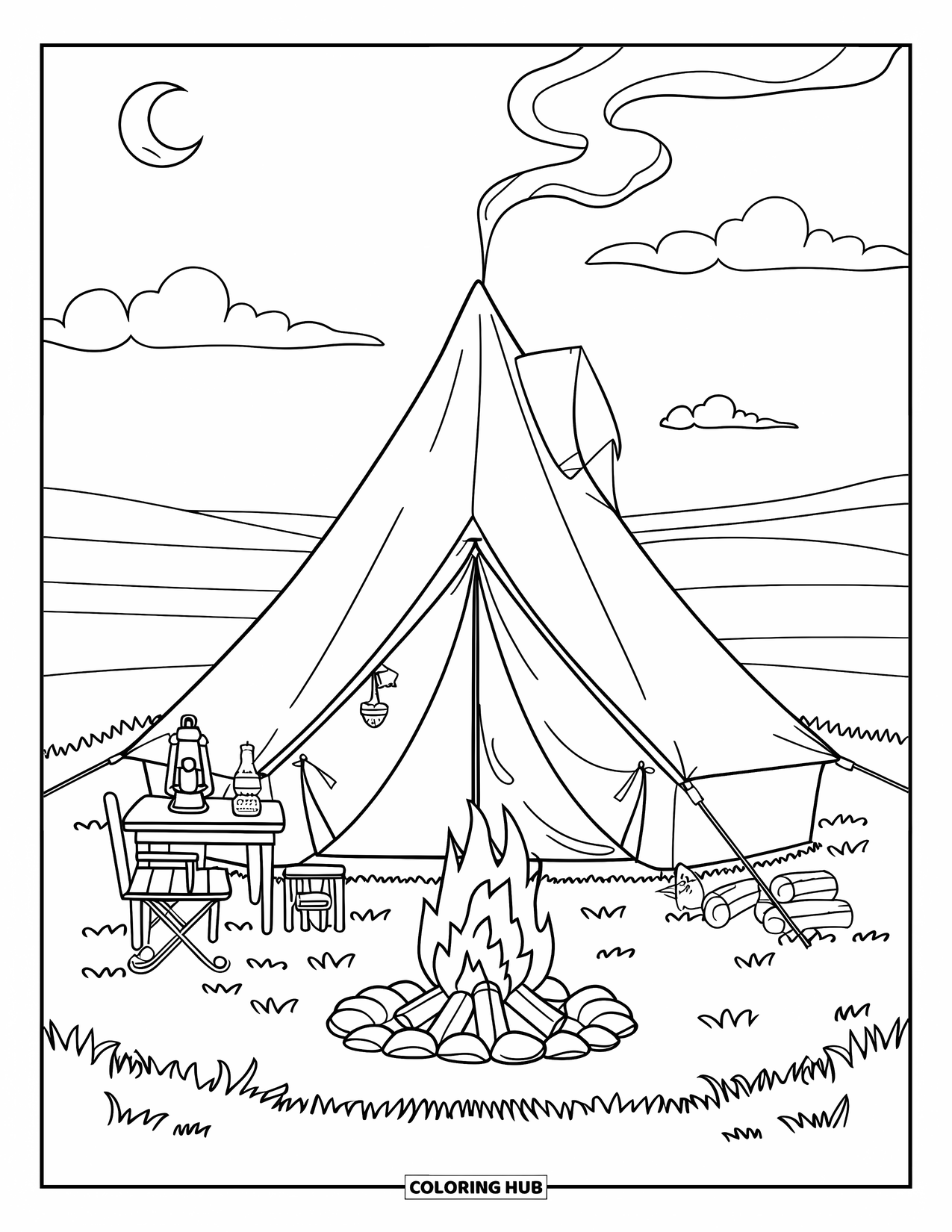 Camping Coloring Page for Kids: A tent with a campfire and a wooden chair, set in a peaceful clearing