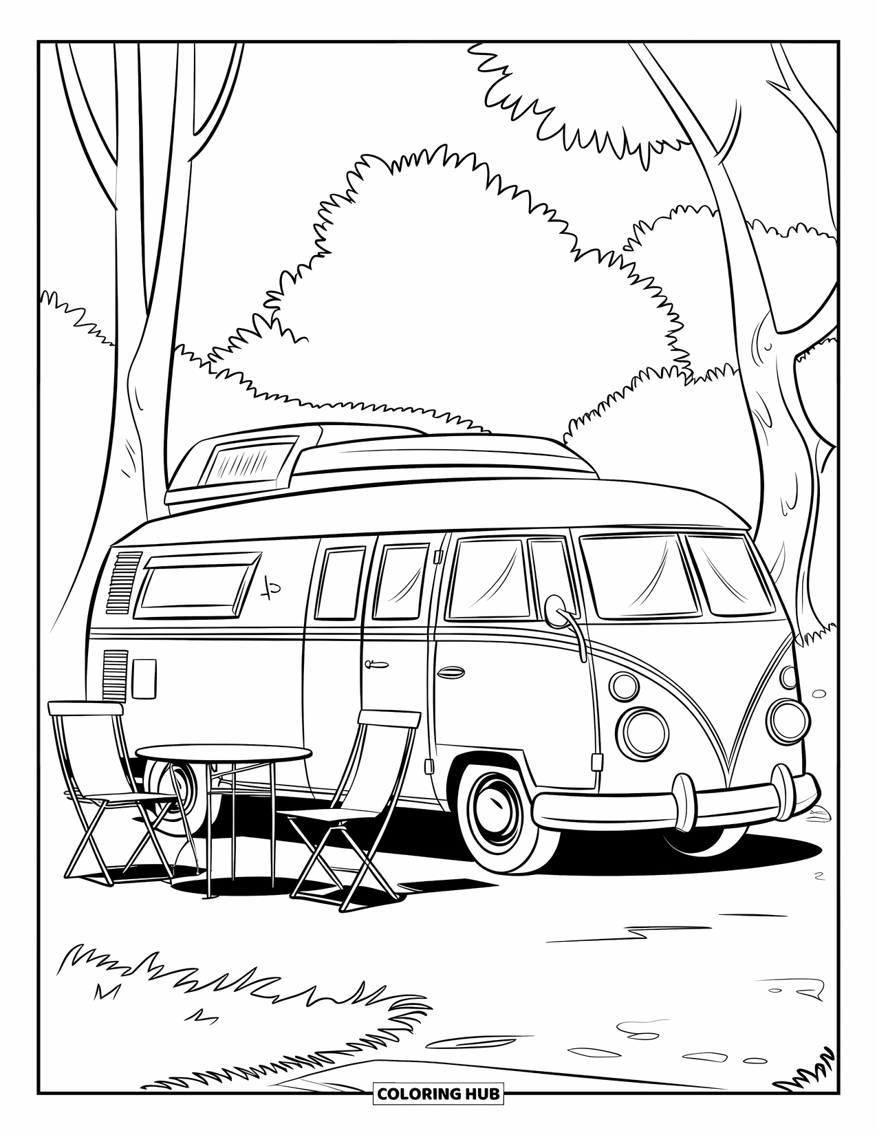 Camping Coloring Page for Kids: A vintage camper van parked near a forest with a table and chairs outside