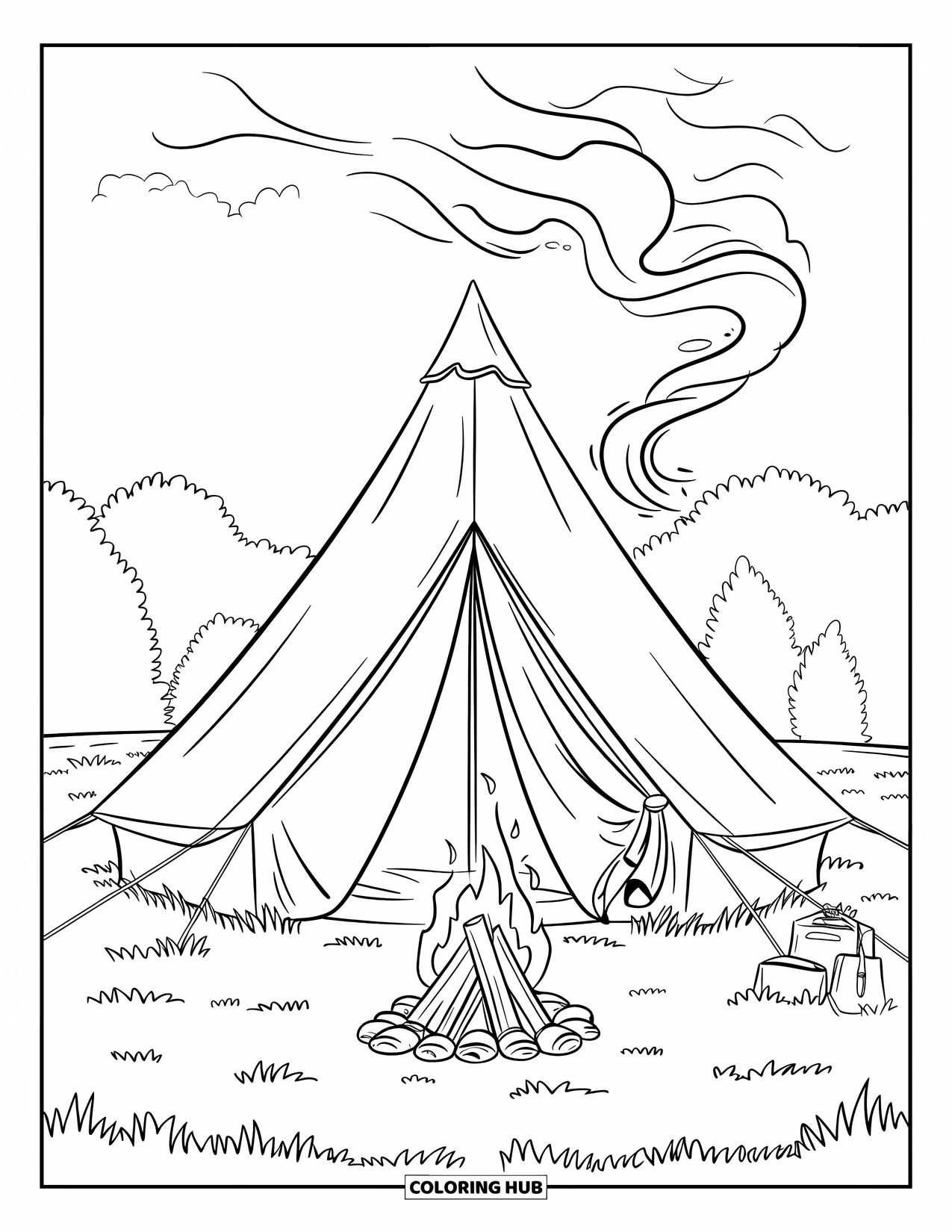 Camping Coloring Page for Kids: A warm campsite with a tent, logs, and a flickering fire under the stars