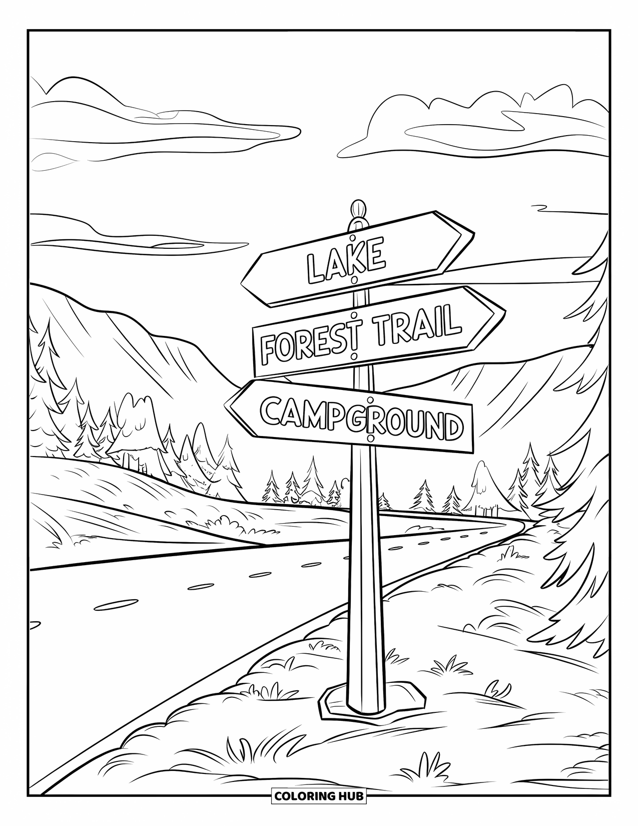 Camping Coloring Page for Kids: A weathered signpost marking paths to a lake, a forest trail, and a campground