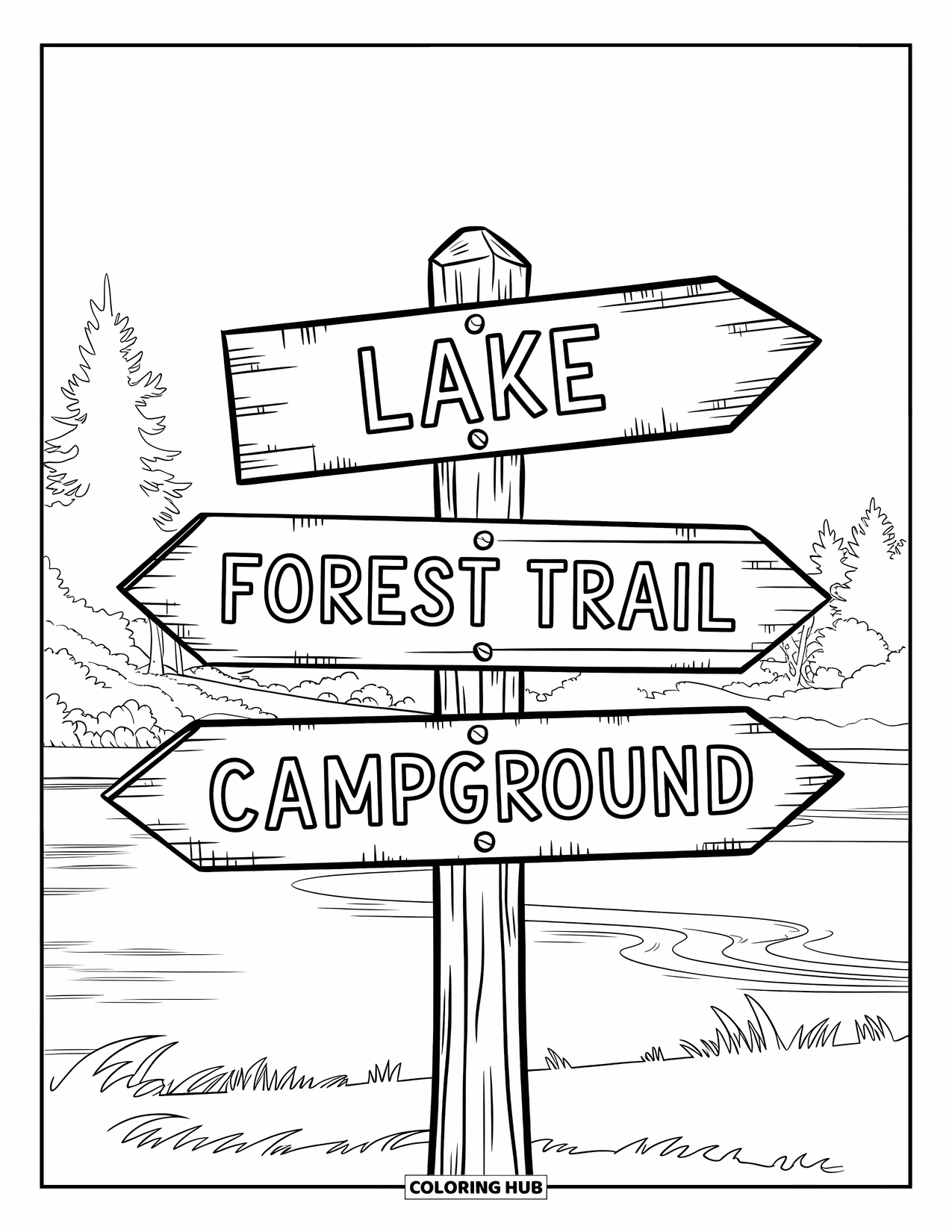 Camping Coloring Page for Kids: A wooden signpost with arrows pointing to the lake, forest trail, and campground